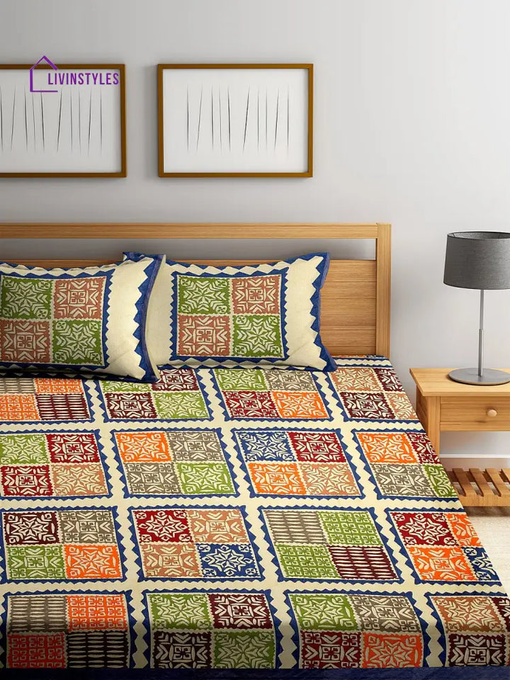 Rajasthan Decor Screen Block Print Jaipuri Cotton Geometric Pattern King Size Bedsheet With 2