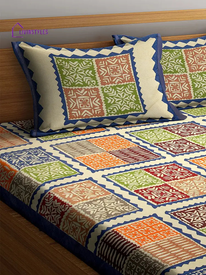 Rajasthan Decor Screen Block Print Jaipuri Cotton Geometric Pattern King Size Bedsheet With 2