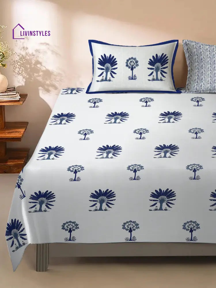 Rajasthan Decor White And Blue Floral Print Cotton King Bed Sheet With 2 Pillow Covers