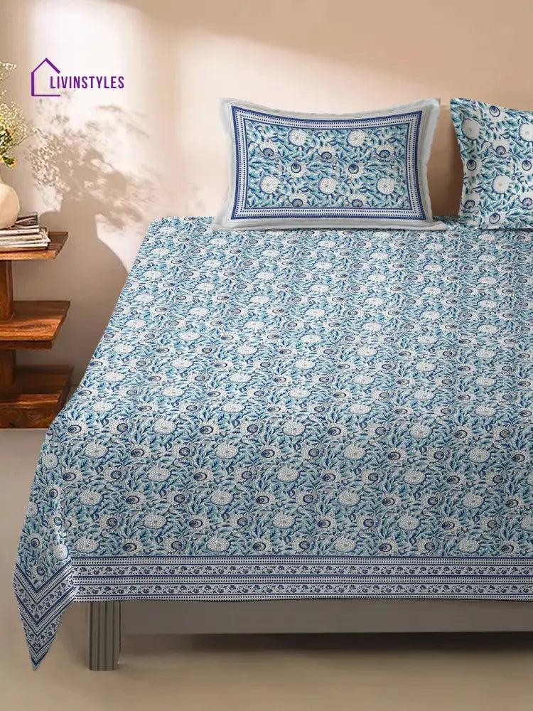 Rajasthan Decor White And Blue Floral Print Cotton King Bed Sheet With 2 Pillow Covers