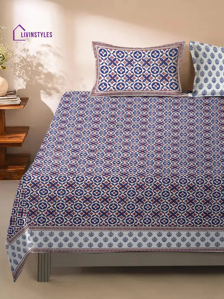 Rajasthan Decor White And Blue Floral Print Cotton King Bed Sheet With 2 Pillow Covers