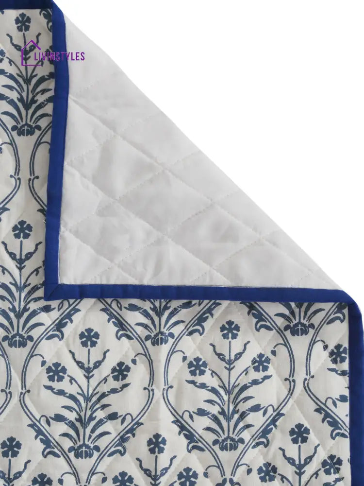 Rajasthan Decor White And Blue Quilted Printed Cotton 1 Seater Sofa Cover