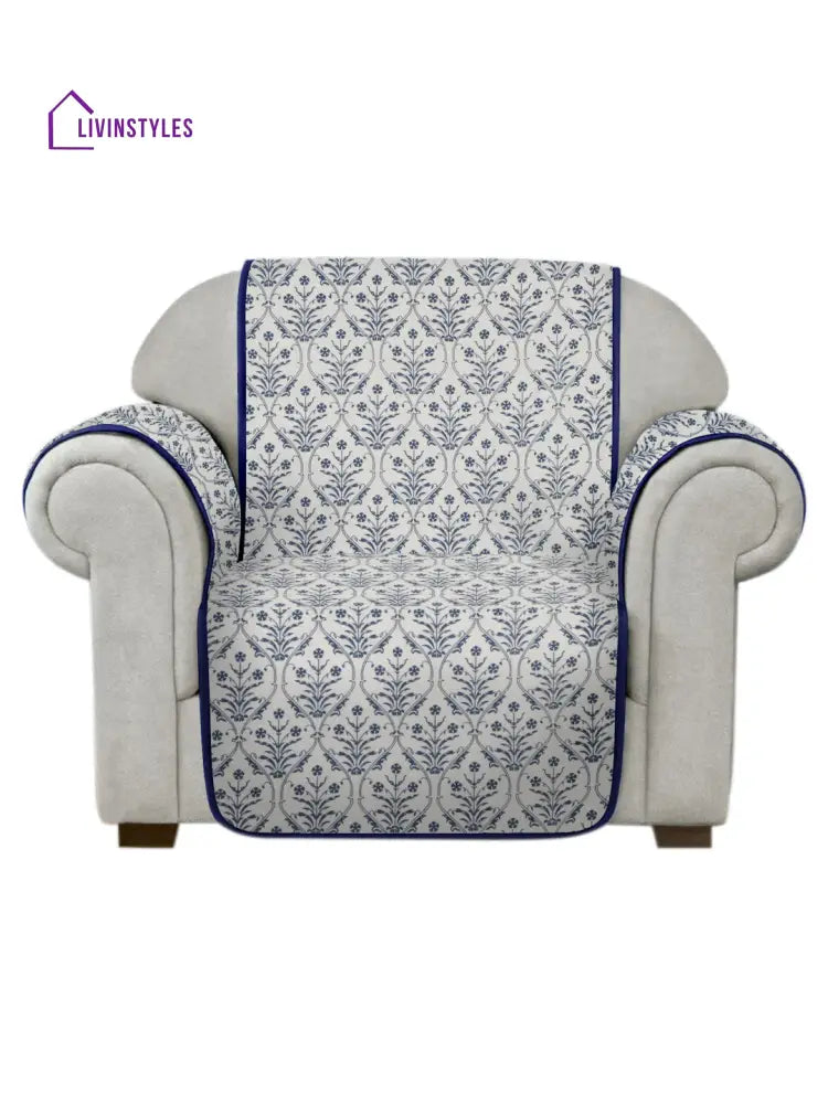 Rajasthan Decor White And Blue Quilted Printed Cotton 1 Seater Sofa Cover