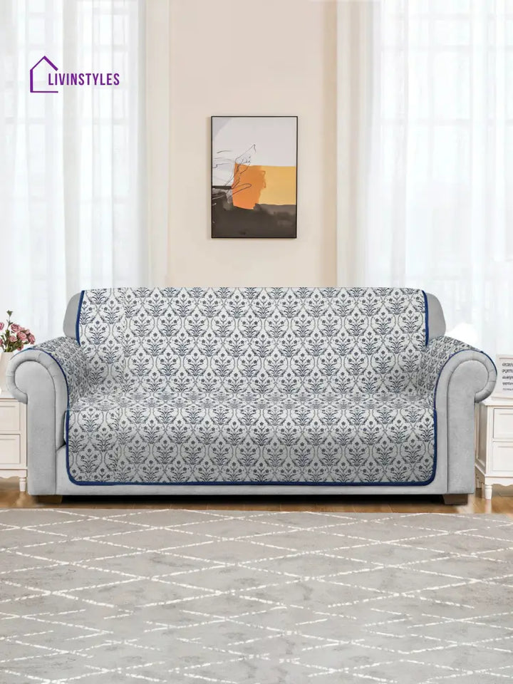 Rajasthan Decor White And Blue Quilted Printed Cotton 2 Seater Sofa Cover Slip Cover Sofa