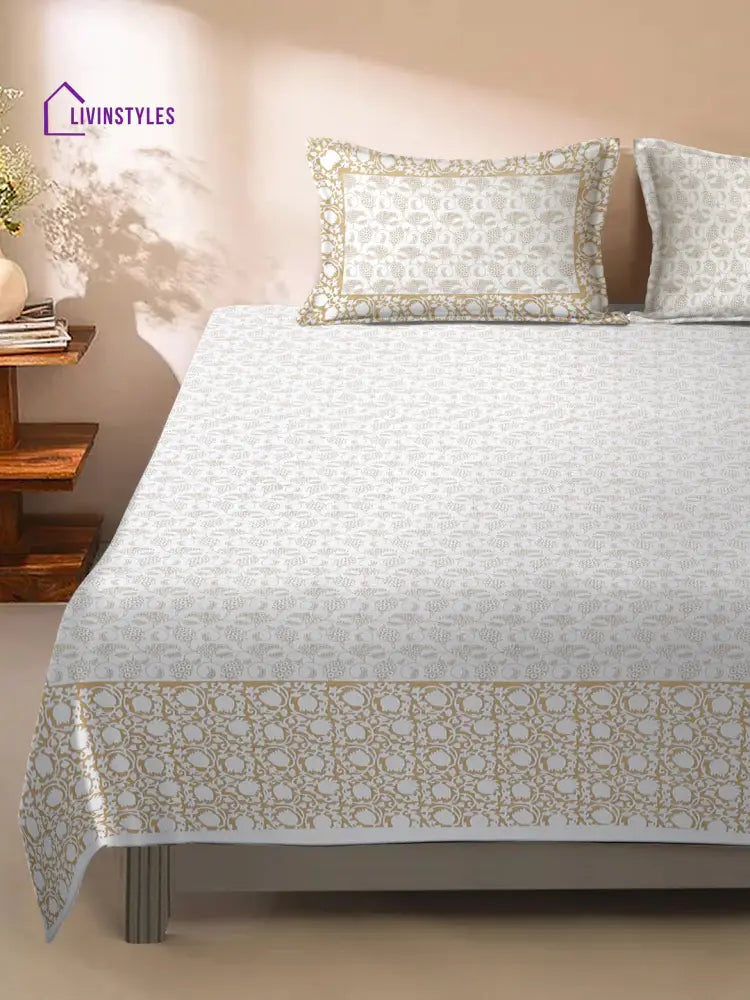 Rajasthan Decor White And Gold Cotton Floral Print King Bed Sheet With 2 Pillow Covers