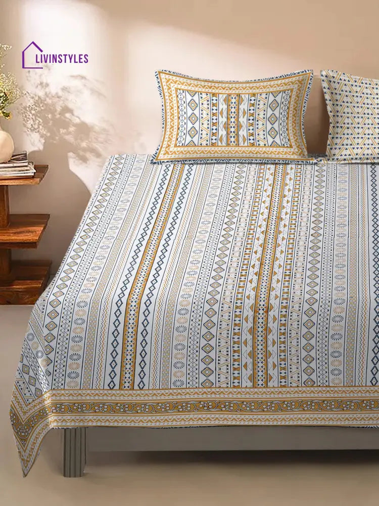 Rajasthan Decor White And Yellow Stripes Cotton King Bed Sheet With 2 Pillow Covers