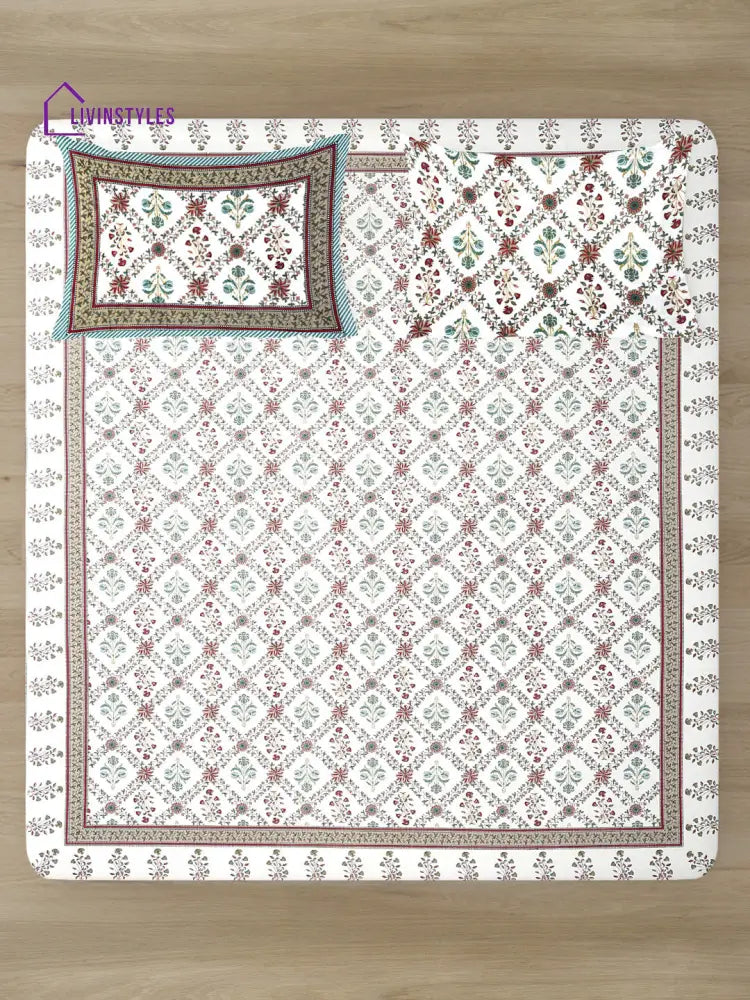 Rajasthan Decor White Cotton Floral Print Queen Bed Sheet With 2 Pillow Covers