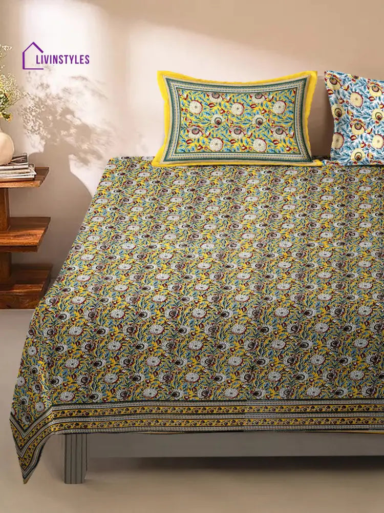 Rajasthan Decor Yellow Floral Print Cotton King Bed Sheet With 2 Pillow Covers