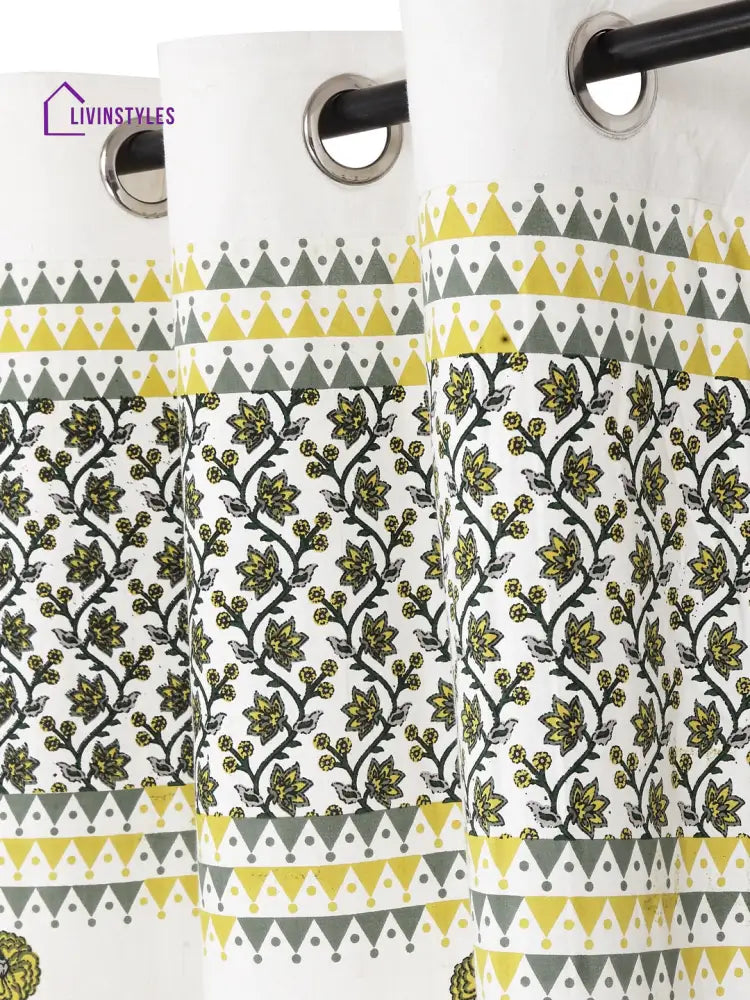 Rajsthan Decor Screen Print Cotton White And Yellow Floral Door Curtain Single Pc (51X85 Inch)