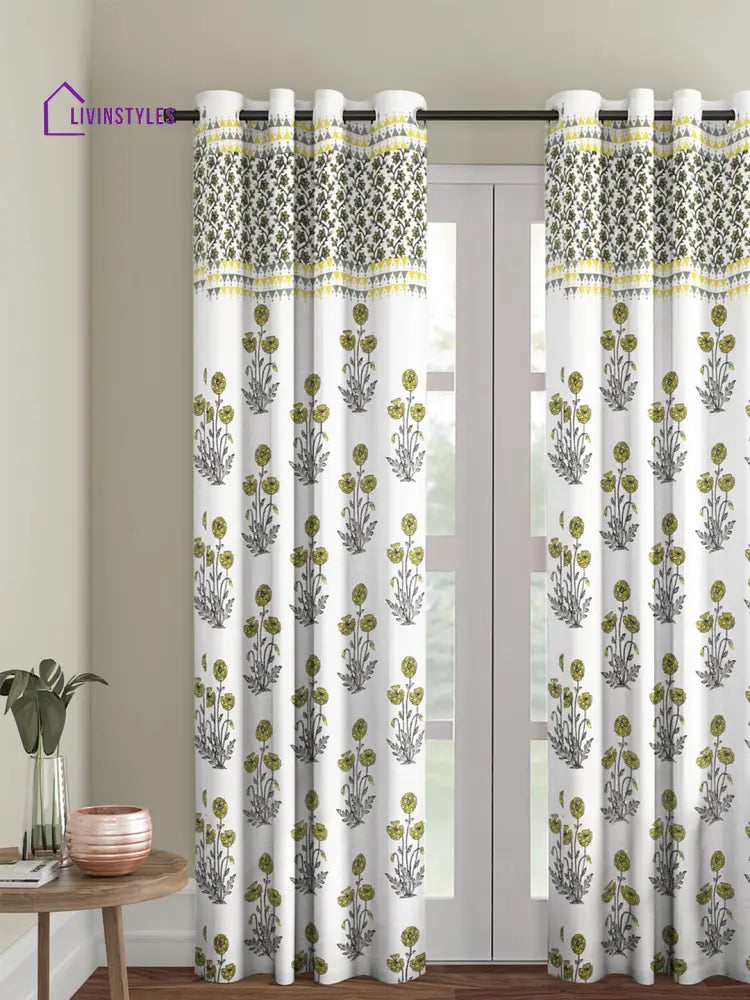 Rajsthan Decor Screen Print Cotton White And Yellow Floral Door Curtain Single Pc (51X85 Inch)