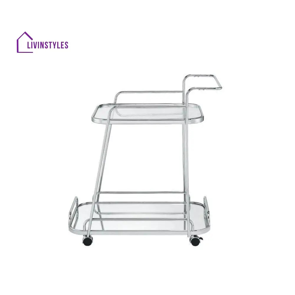 Rectangle 2 Tier Trolley With Glass Top In Metal Nickel Finish Serving Cart