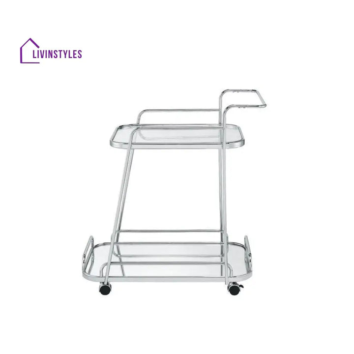 Rectangle 2 Tier Trolley With Glass Top In Metal Nickel Finish Serving Cart