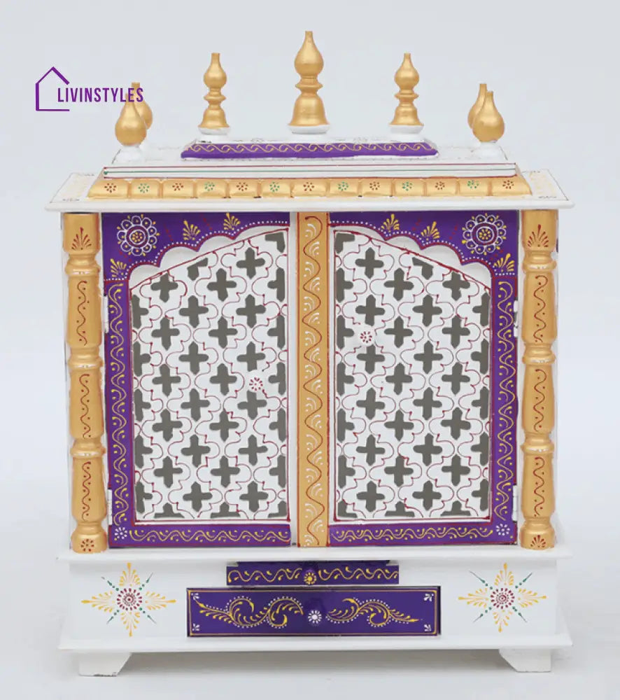 Red And White Mango Wood & MDF Pooja Mandir With Door, - Ouch Cart 