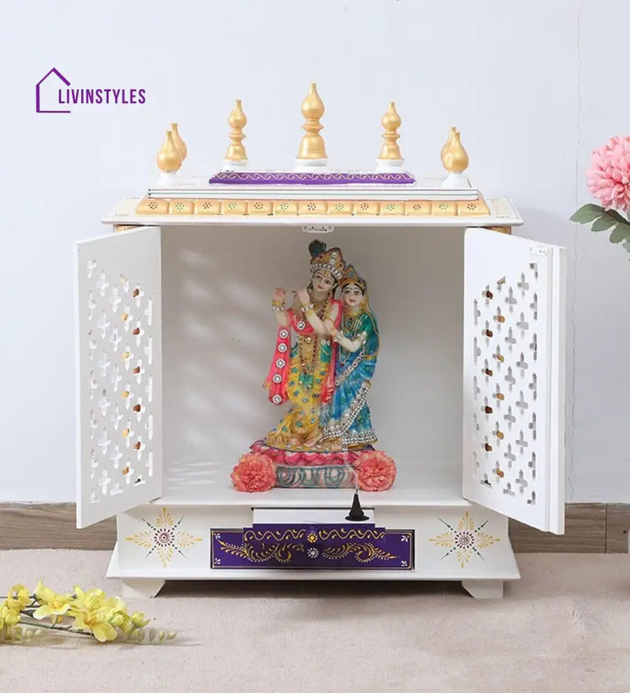 Red And White Mango Wood & MDF Pooja Mandir With Door, - Ouch Cart 