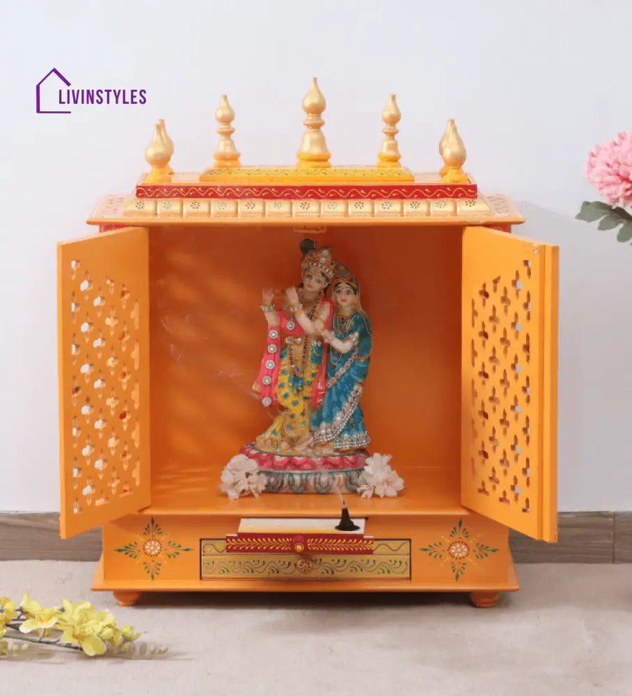 Red & Gold Mango Wood & MDF Pooja Mandir With Door, - Ouch Cart 