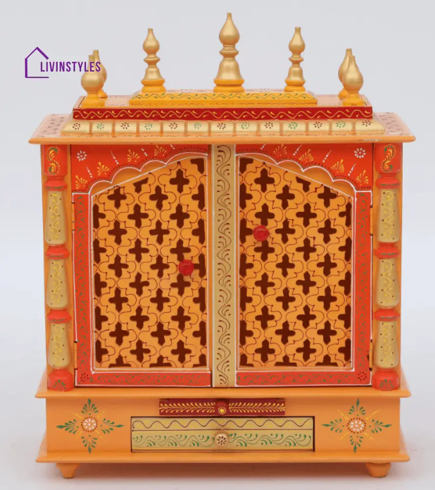 Red & Gold Mango Wood & MDF Pooja Mandir With Door, - Ouch Cart 