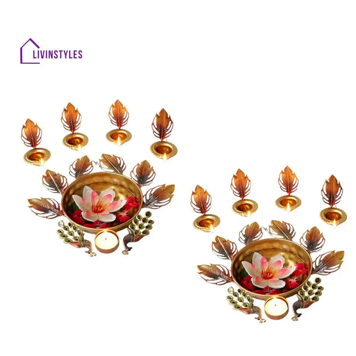 Regal Bird Peacock Plume Diya And Urli Set Of 10