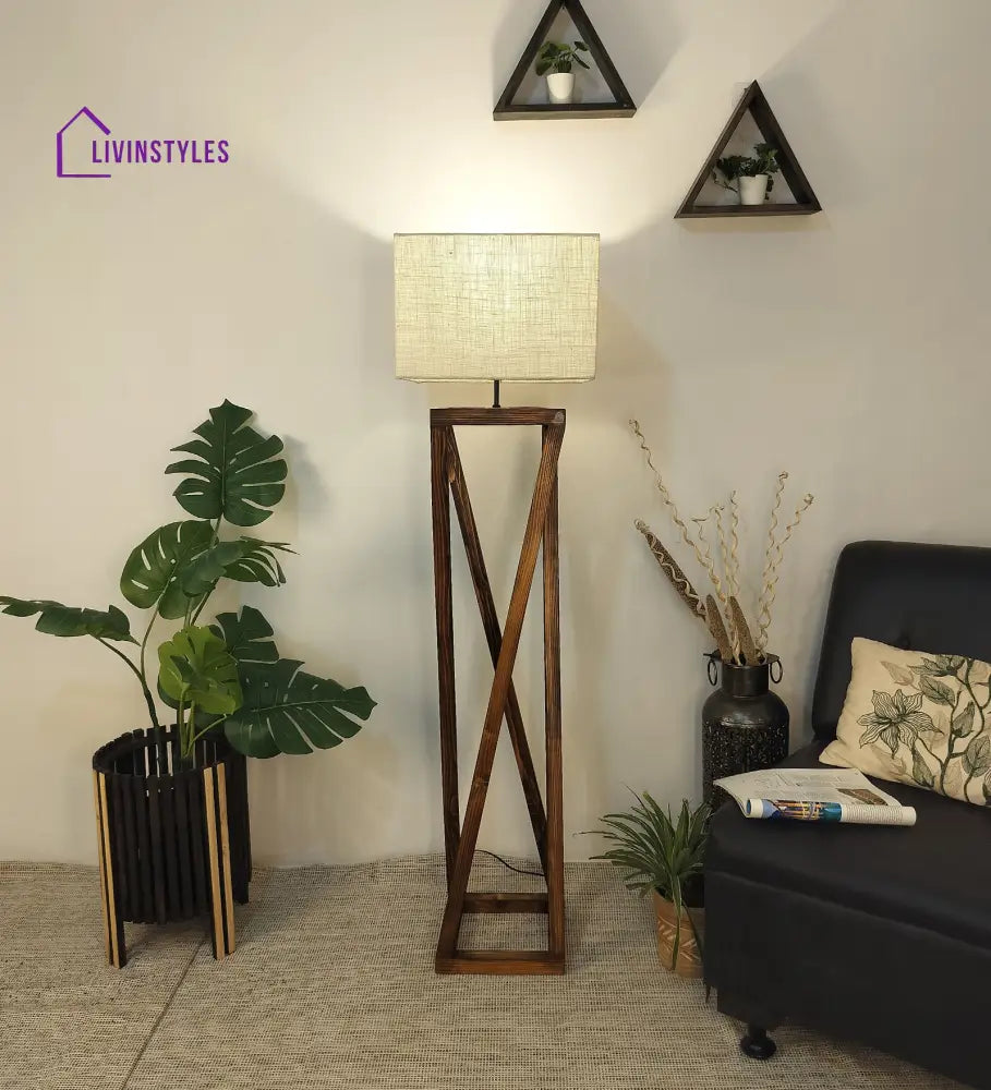 Remy Wooden Floor Lamp With Brown Base And Beige Fabric Lampshade Lamps