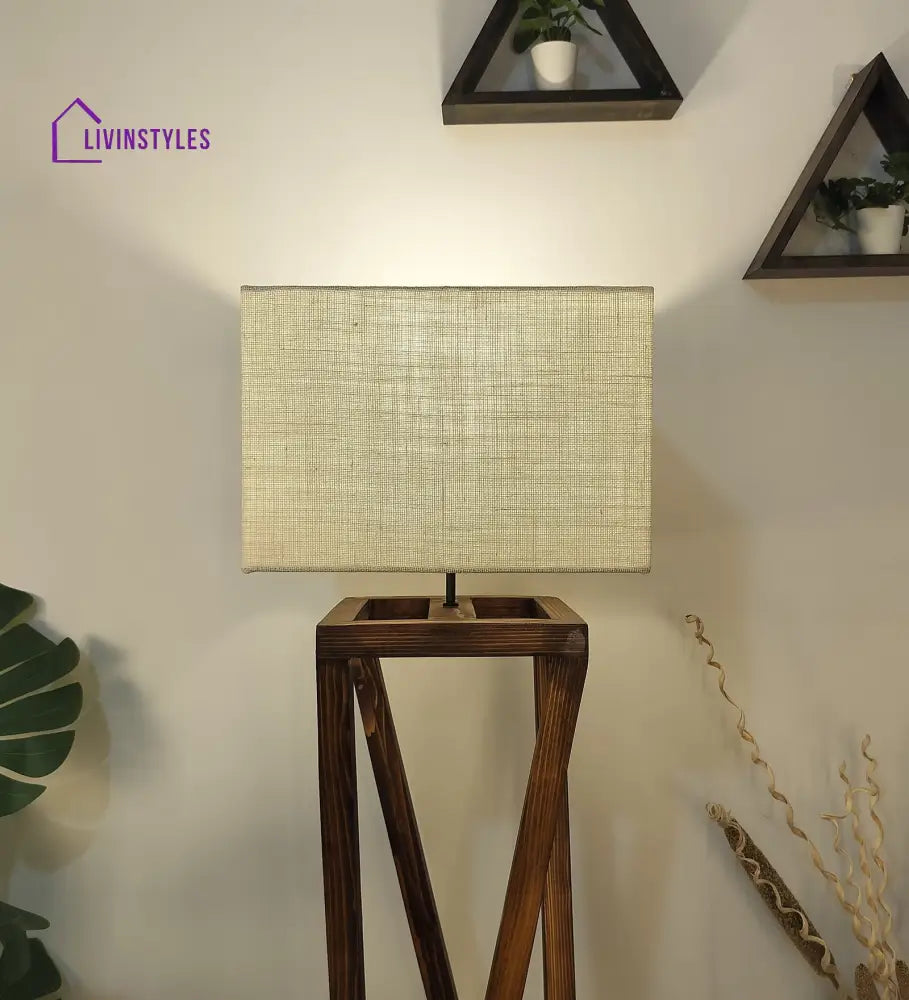 Remy Wooden Floor Lamp With Brown Base And Beige Fabric Lampshade Lamps