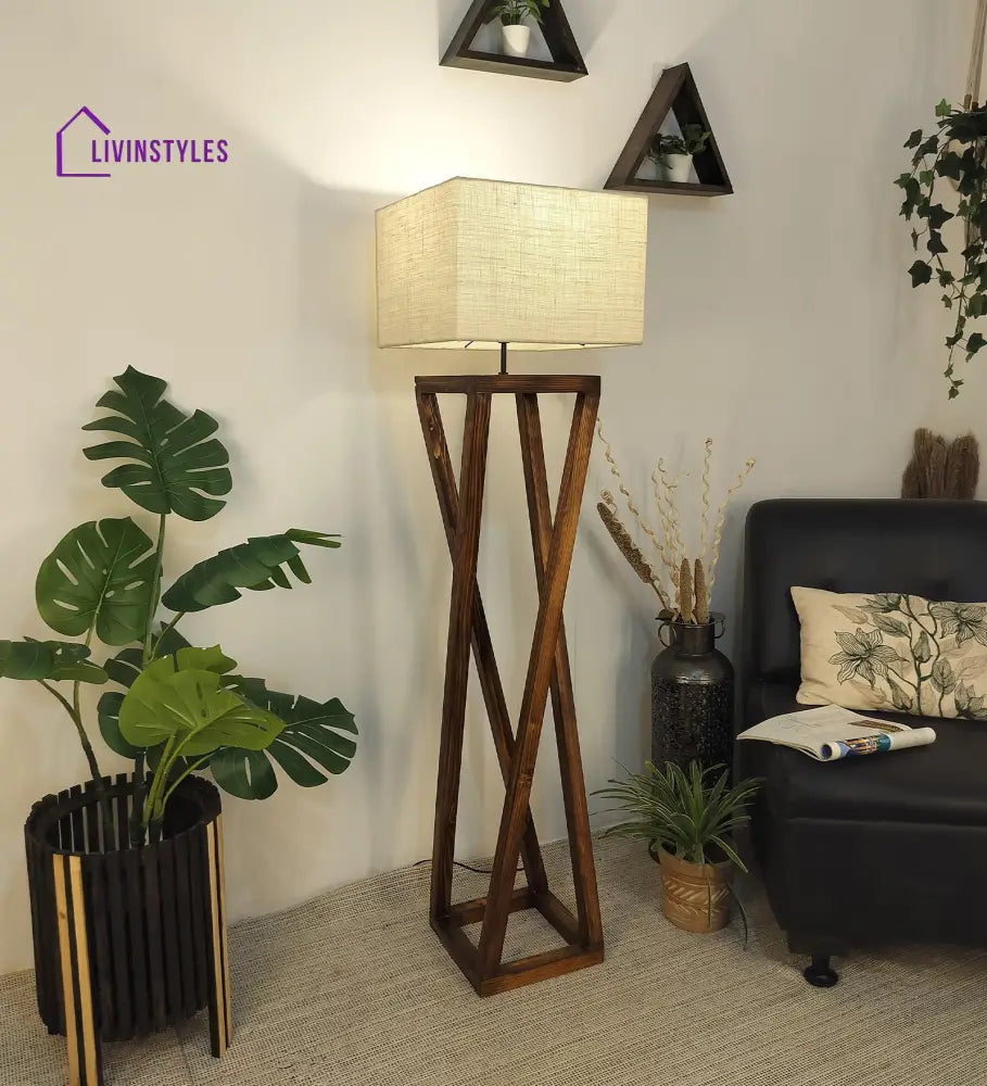 Remy Wooden Floor Lamp With Brown Base And Beige Fabric Lampshade Lamps