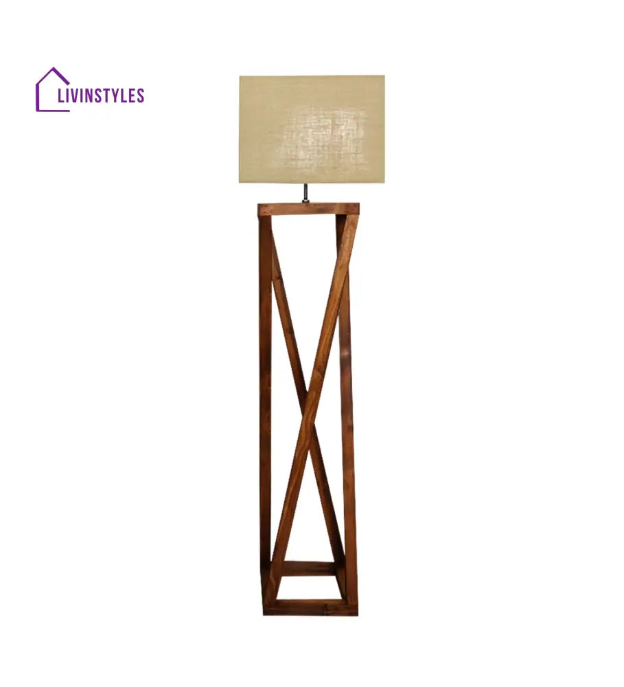 Remy Wooden Floor Lamp With Brown Base And Beige Fabric Lampshade Lamps