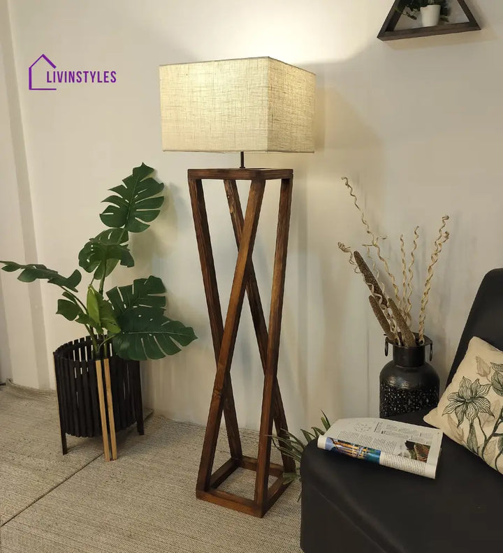 Remy Wooden Floor Lamp With Brown Base And Beige Fabric Lampshade Lamps