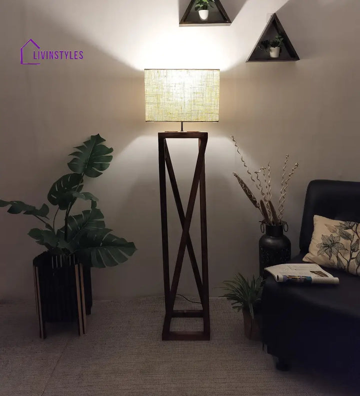 Remy Wooden Floor Lamp With Brown Base And Beige Fabric Lampshade Lamps