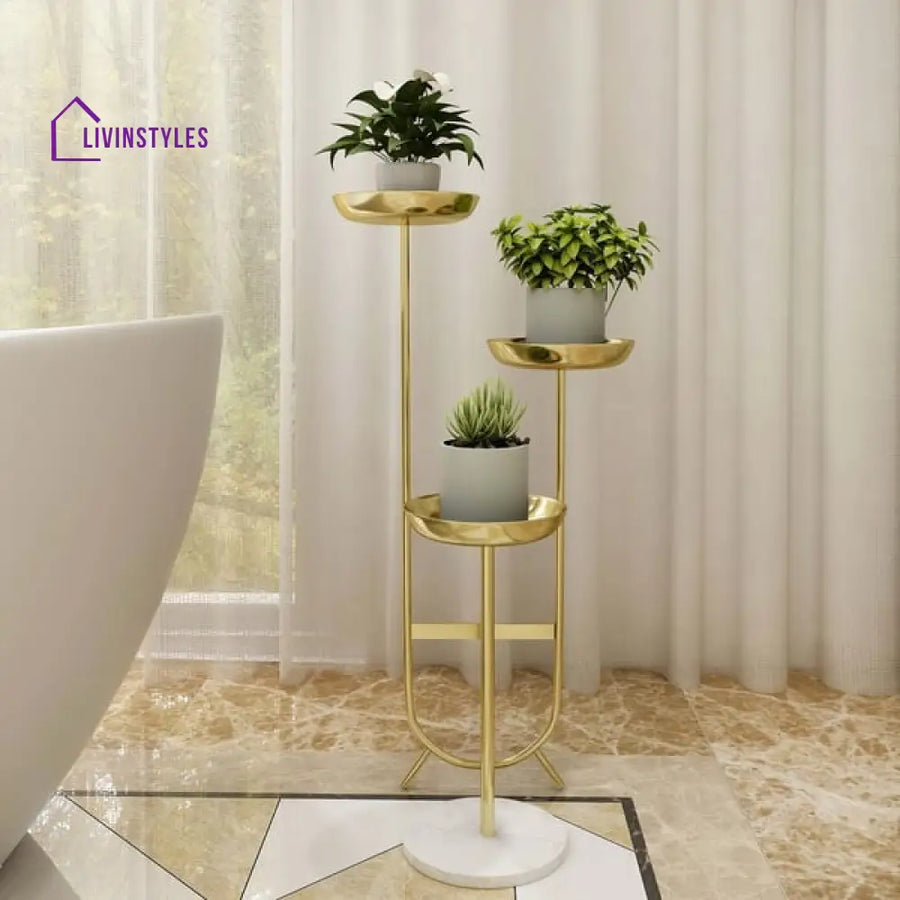 Reno 3 Tier Tall Metal Standing Plant Stand In Gold Colour Stands