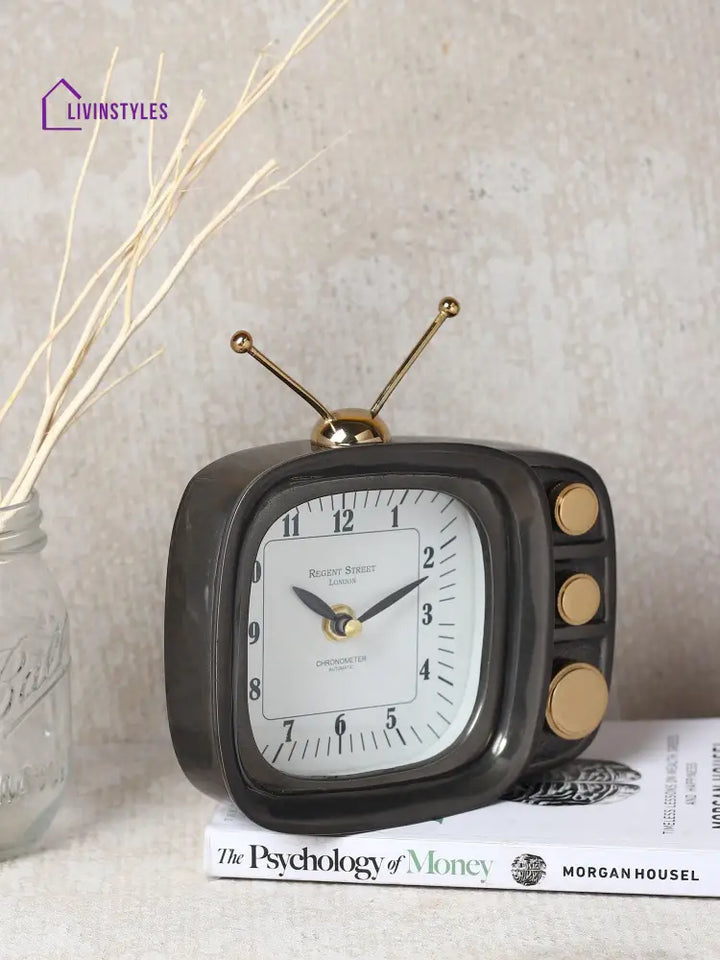 Retro Tv Timepiece In Black Table Clock