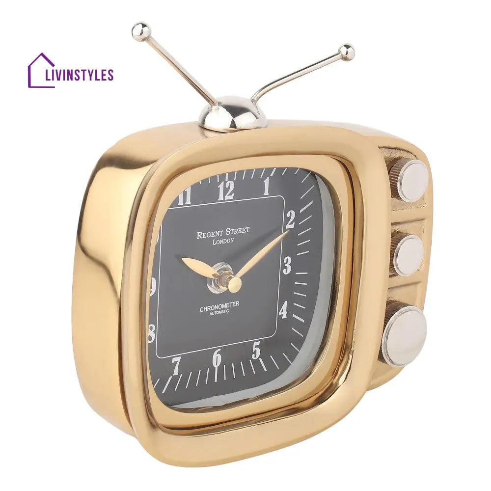 Retro Tv Timepiece In Gold Table Clock