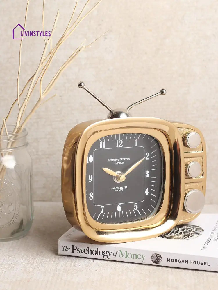 Retro Tv Timepiece In Gold Table Clock