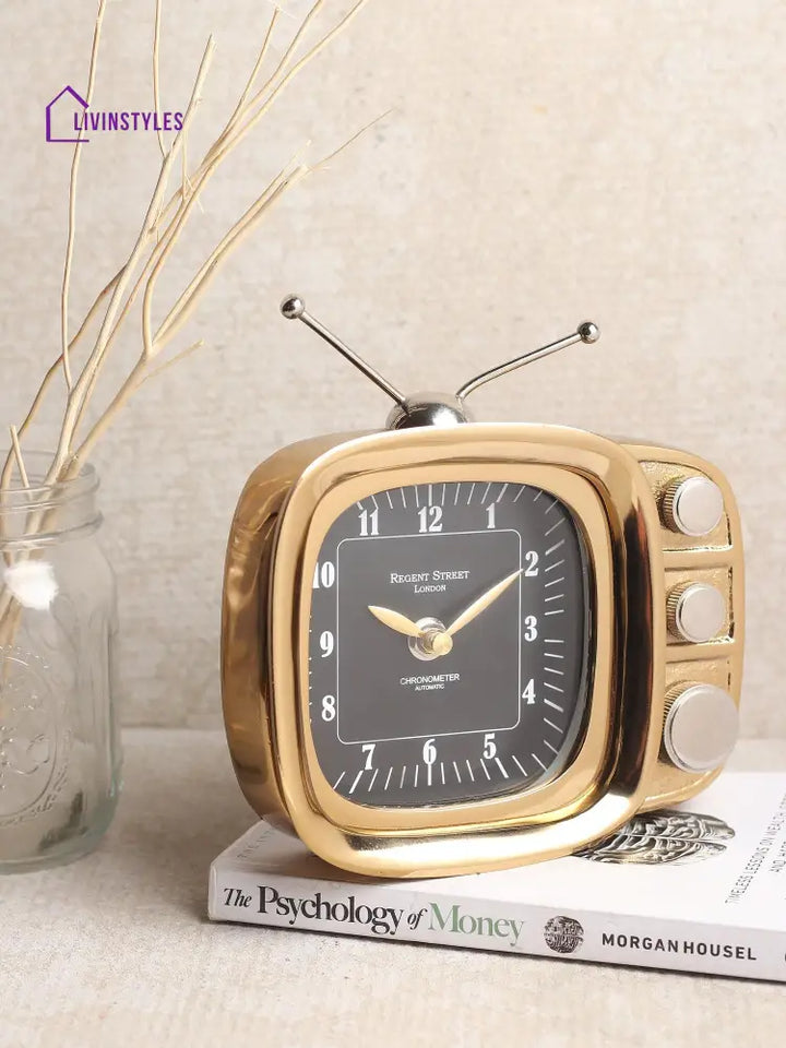 Retro Tv Timepiece In Gold Table Clock