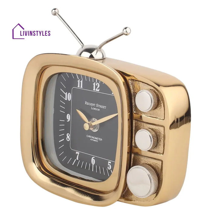 Retro Tv Timepiece In Gold Table Clock