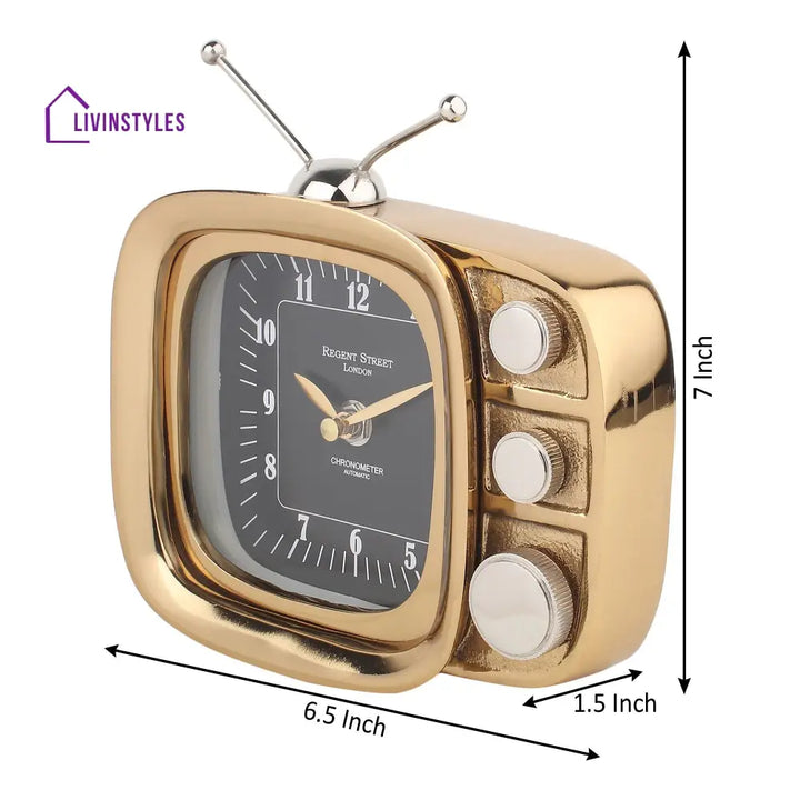 Retro Tv Timepiece In Gold Table Clock