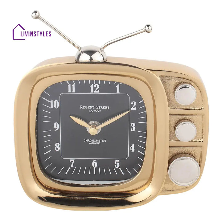 Retro Tv Timepiece In Gold Table Clock