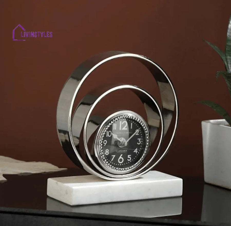 Rings Of Saturn Desk Clock In Marble & Silver Finish