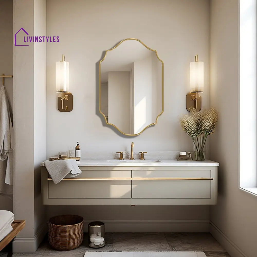 Riri Elegant Irregular Quatrefoil Bathroom Decor Mirror with Golden Wooden Finish Wall Mirror