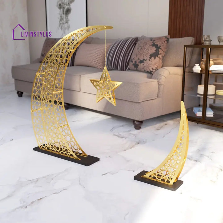 Rising Crescent & Star Ramadan Decor - Metal Islamic Home Decoration L: 54x40 inches | 137x102 cm / Matte Gold Metal