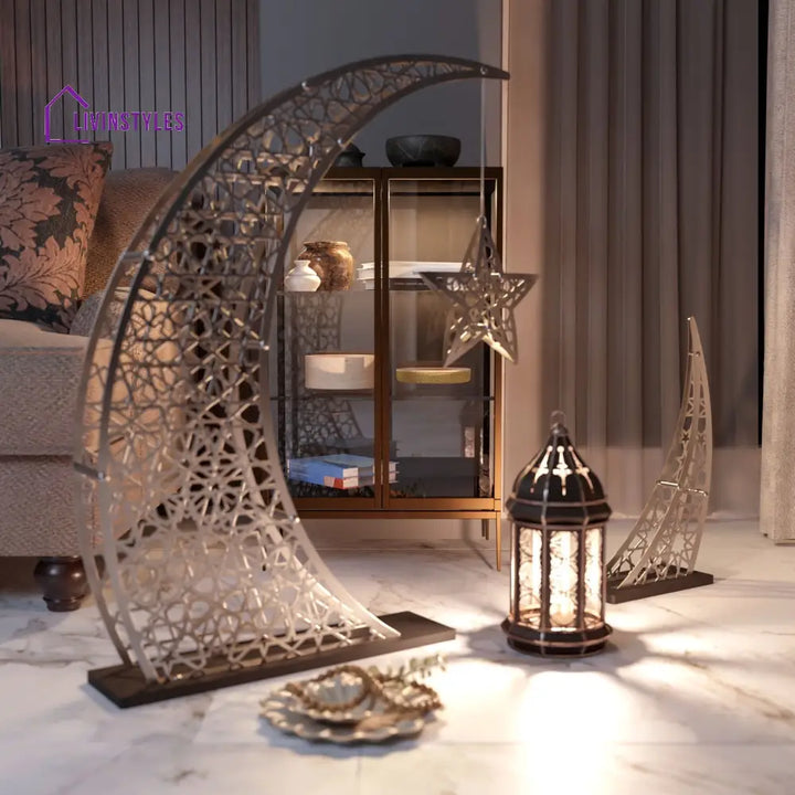 Rising Crescent & Star Ramadan Decor - Metal Islamic Home Decoration L: 54x40 inches | 137x102 cm / Matte Silver Metal