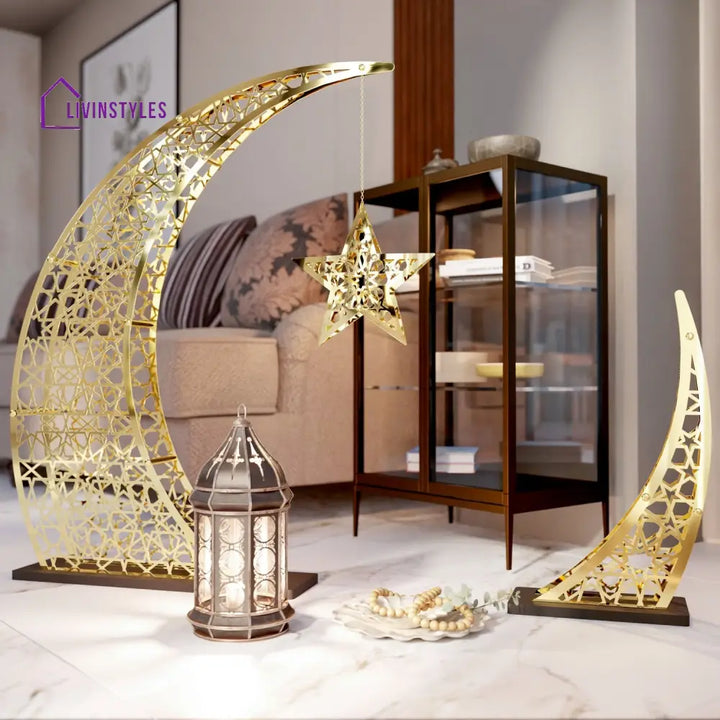 Rising Crescent & Star Ramadan Decor - Metal Islamic Home Decoration L: 54x40 inches | 137x102 cm / Shiny Gold Metal