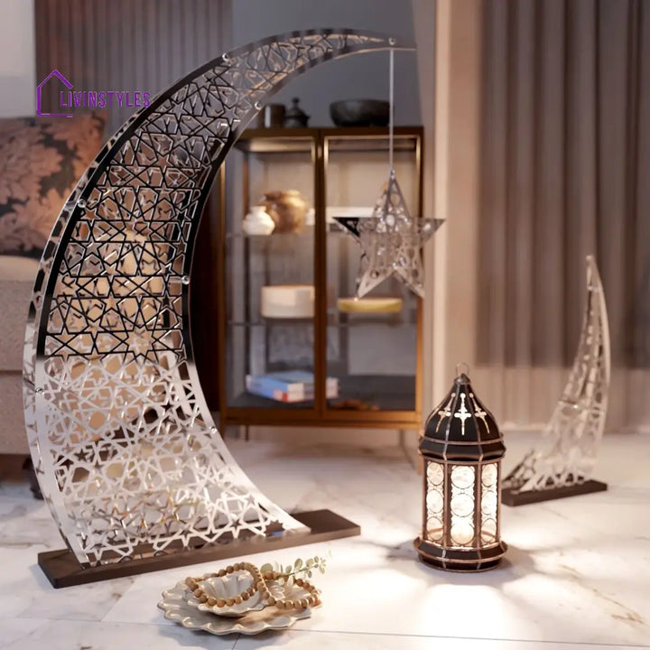 Rising Crescent & Star Ramadan Decor - Metal Islamic Home Decoration L: 54x40 inches | 137x102 cm / Shiny Silver Metal