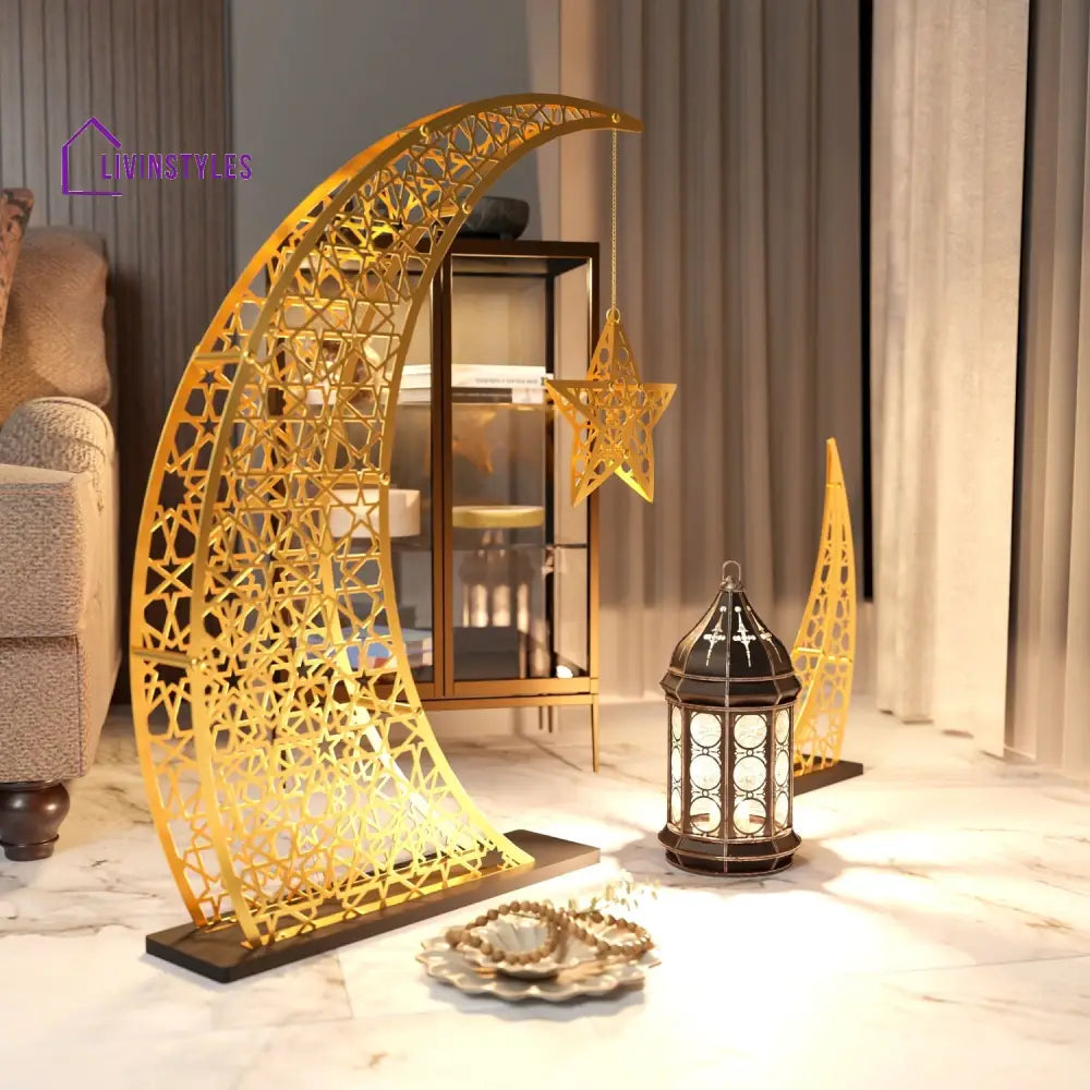 Rising Crescent & Star Ramadan Decor - Metal Islamic Home Decoration M: 33x24.4 inches | 84x62 cm / Matte Gold Metal