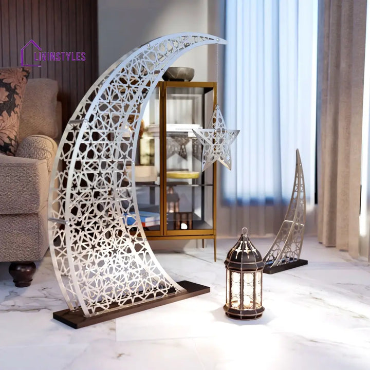 Rising Crescent & Star Ramadan Decor - Metal Islamic Home Decoration M: 33x24.4 inches | 84x62 cm / Matte Silver Metal