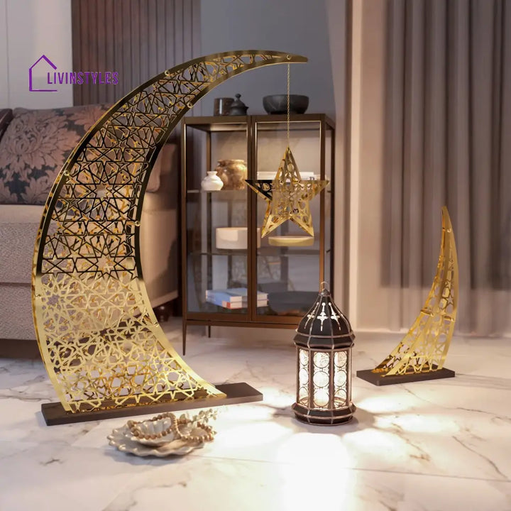 Rising Crescent & Star Ramadan Decor - Metal Islamic Home Decoration M: 33x24.4 inches | 84x62 cm / Shiny Gold Metal