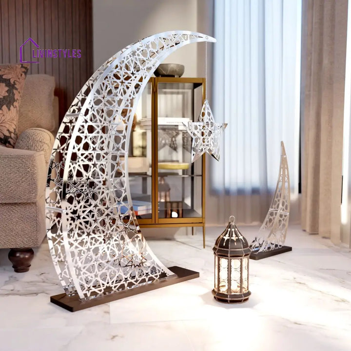 Rising Crescent & Star Ramadan Decor - Metal Islamic Home Decoration M: 33x24.4 inches | 84x62 cm / Shiny Silver Metal