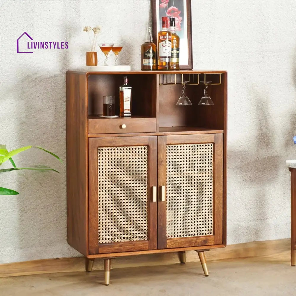 Rohit Solid Wood Rattan Cane Bar Cabinet With Glass Holder Storage