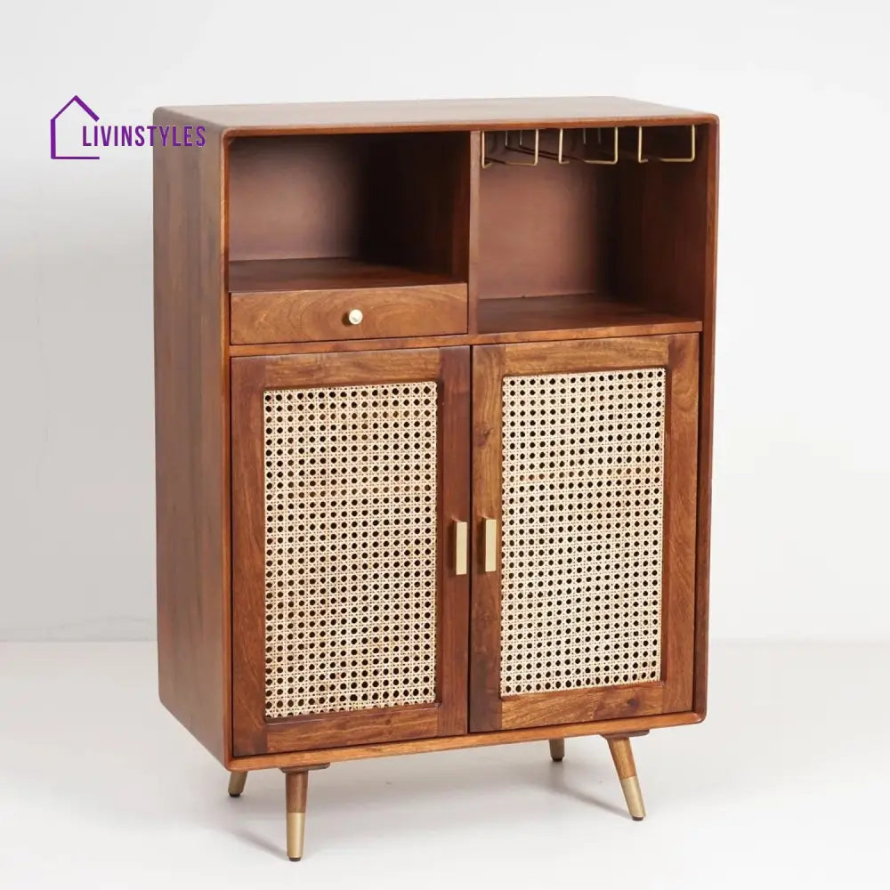 Rohit Solid Wood Rattan Cane Bar Cabinet With Glass Holder Storage