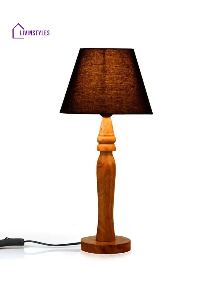 Round Brown Lamp With Taper Black Cotton Shade