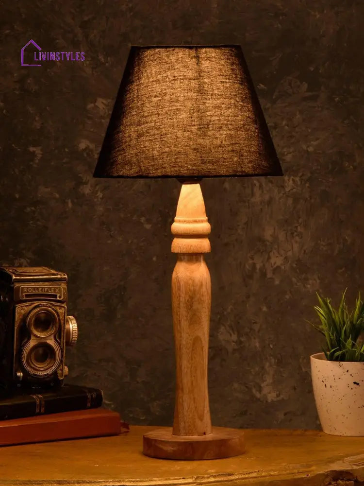 Round Brown Lamp With Taper Black Cotton Shade