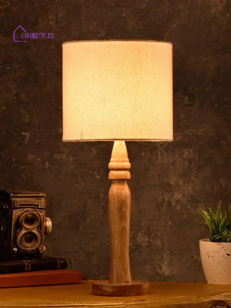 Round Brown Lamp With Taper Off White Cotton Shade